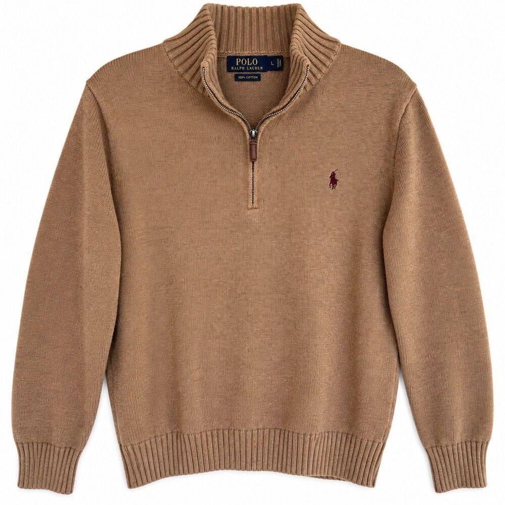 Polo Ralph Lauren Mens Large Camel Brown 100% Cotton Quarter Zip Sweater Pony